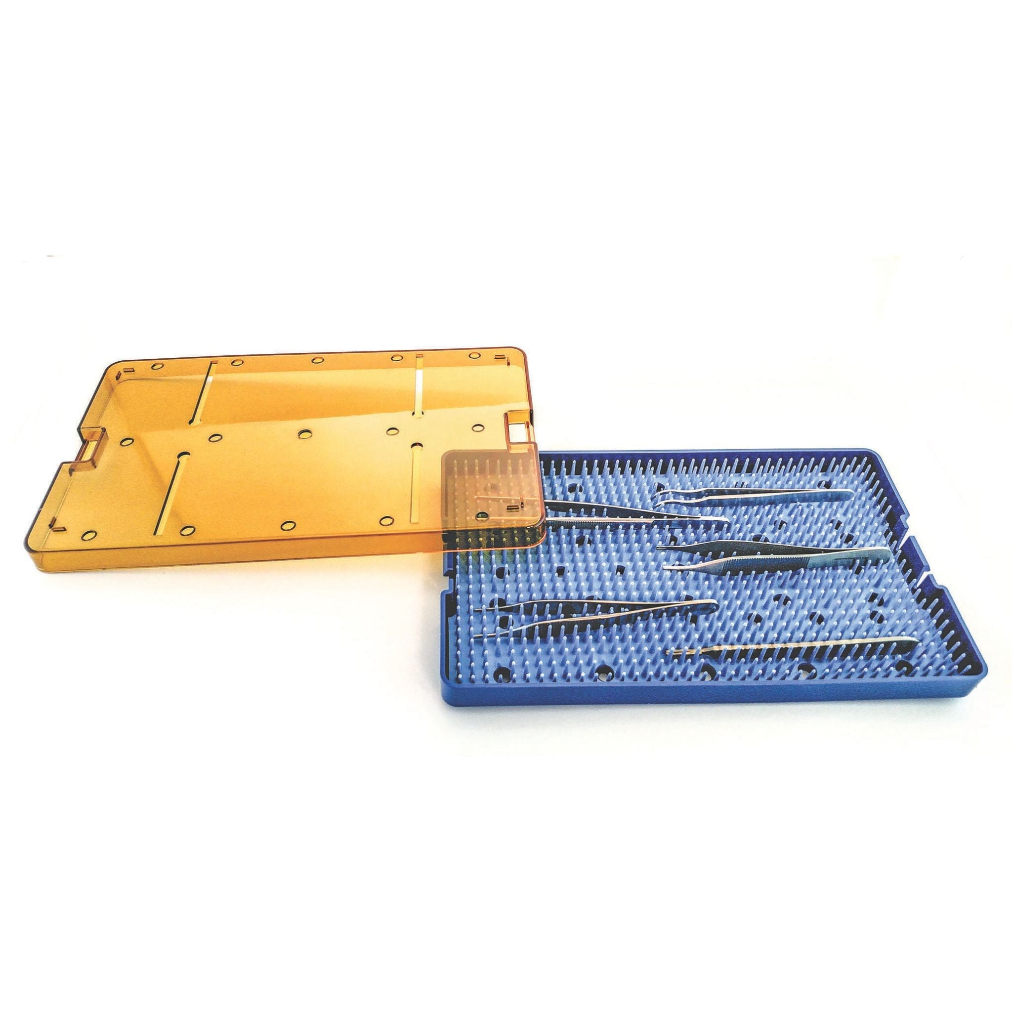 Sterilization Tray with Yellow Lid and Blue Base Containing 5 Instruments